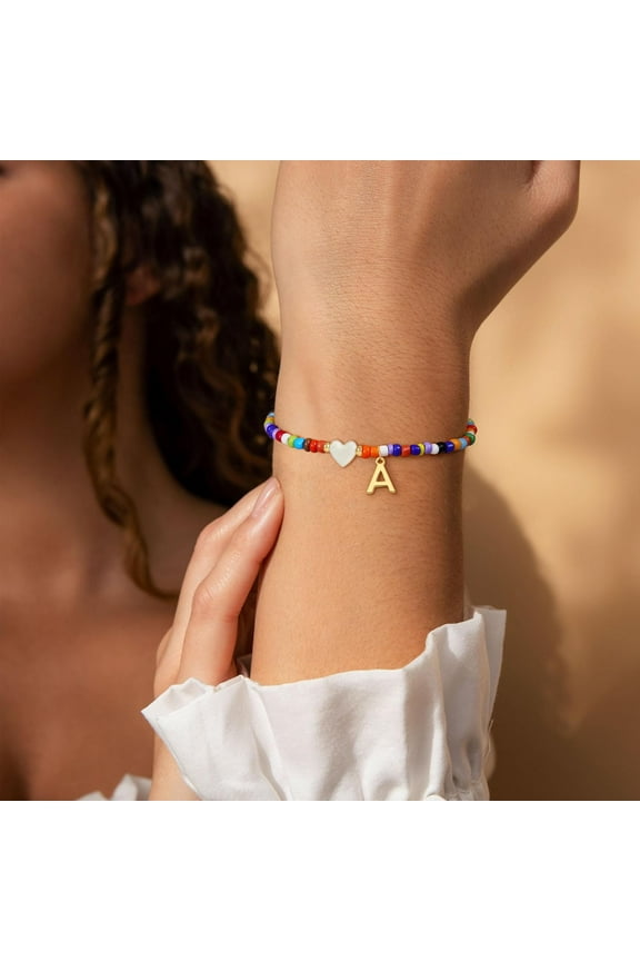 -Colorful Initial Bracelets for Women Girls - Cute Beaded Heart Initial Bracelet Teen Girl Gifts Trendy Stuff, Bohemian Gold Charm Bracelet Personalized Gifts for Women Girls Jewelry