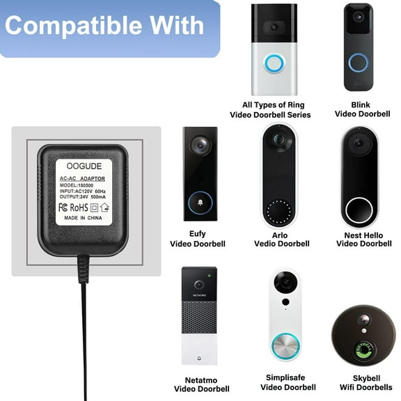 DASAW-Doorbell Power Adapter with Screwdriver 24V 500mA Doorbell Transformer for Ring Video Doorbell, Nest Hello Video Doorbell, Arlo and Eufy Doorbell,16.4FT Charging Cable