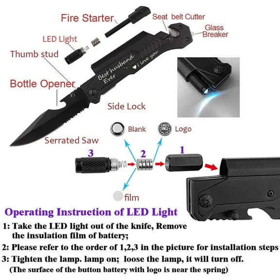 DASAW-Engraved Pocket Knife, Best Husband Ever, Pocket Knife for Men with 6 Functions, LED Light, Fire Starter, Bottle Opener, Seat Belt Cutter, Glass Breaker, Birthday Anniversary Present for Men Hu