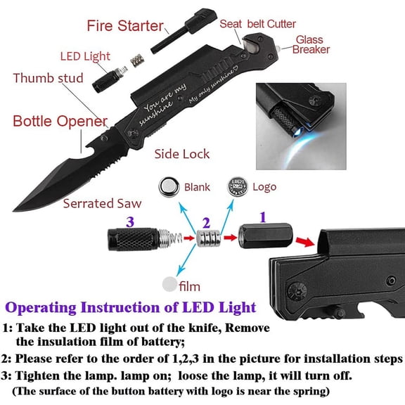 DASAW-Engraved Pocket Knife For Him, You are my sunshine, Pocket Knife for Men with 6 Functions, LED Light, Fire Starter, Bottle Opener,Seat Belt Cutter,Glass Breaker
