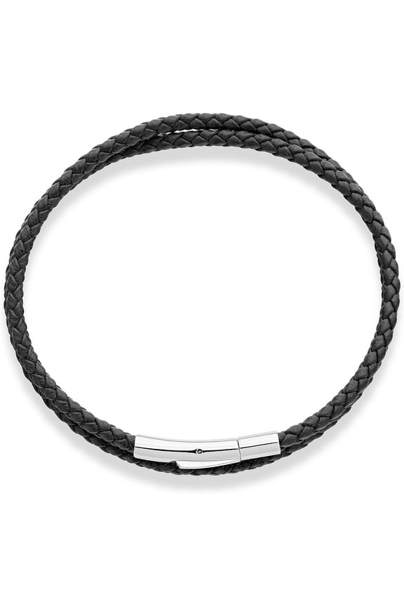 -Genuine Italian Double Wrap Braided Leather Bracelet for Men Women, Stainless Steel Clasp, Made in Italy