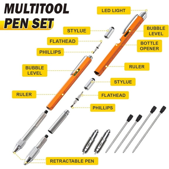 DASAW-Gifts for Him, Dad, Husband, 11 in 1 Multitool Pen with LED Light, Ruler, Level, Screwdriver, Stylus, Flathead, Fathers Day Dad Gifts from Daughter Wife Son, Cool Birthday Gadgets for Men, Oran