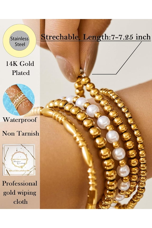 -Gold Bangle Bracelets for Women, 14K Gold Plated Beaded Bracelets Stretch Bead Ball Chain Layered Bracelet Stack Set, Love Cubic Zirconia Bangle Women Jewelry