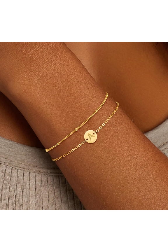 -Gold Bracelets for Women Girls Gifts - 18K Gold Plated Letter Initial Bracelet Dainty Disc Monogram Charm Bracelet Gold Initial Bracelets for Women Teen Girl Gifts Trendy Stuff