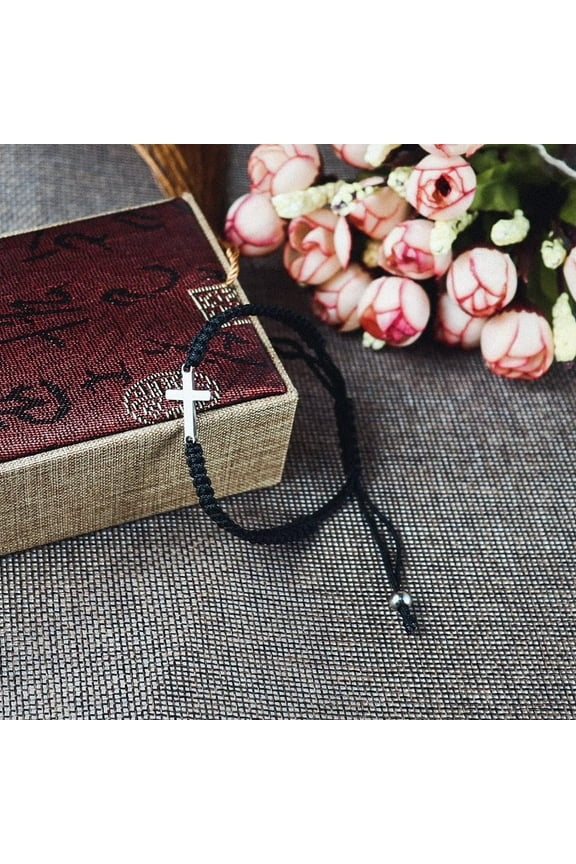 -Handmade Braided Cross Black Red String Protection Bracelet Stainless Steel Sideways Faith Hope Blessed Wrap Bangle Religion Jewelry
