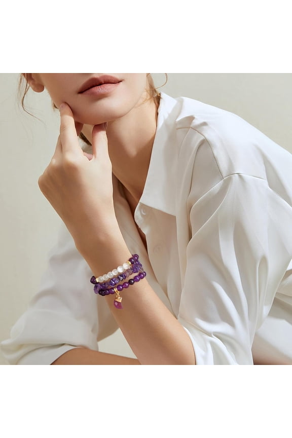 -Healing Crystal Beaded Bracelets for Women,Natural Amethyst Gemstones Bracelet,Anxiety Stress Relief Heart Charm Bracelet Handmade purple Jewelry Gifts for Women