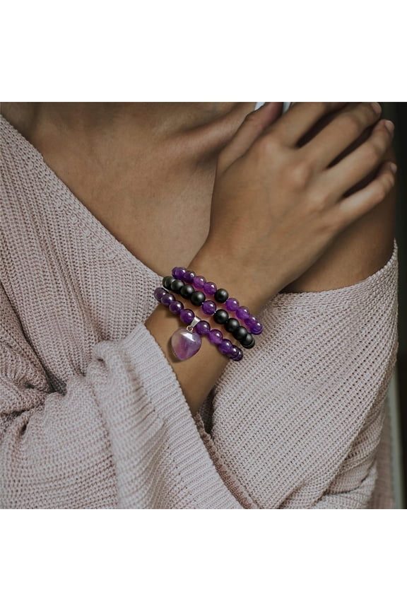 -Healing Crystal Beaded Bracelets for Women,Natural Amethyst Gemstones Bracelet,Anxiety Stress Relief Heart Charm Bracelet Handmade purple Jewelry Gifts for Women