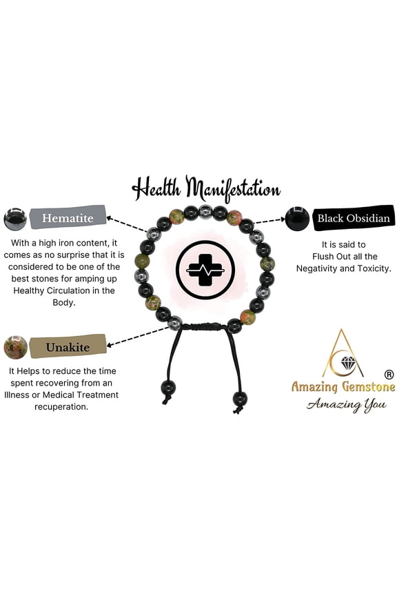 -Health Bracelet - Unakite Black Obsidian Hematite Bracelet Set for Men Women Healing Calming Anxiety Stress Relief Gifts Pulseras Para Hombres Mujer Stocking Stuffers (Adjustable)