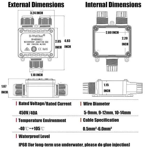 DASAW-IP68 Waterproof Junction Box Outdoor, 3 Way Underground Electrical Junction Box, Plastic Electrical Box with Terminal Block, Suitable for LED Landscape Lighting, Garden Lights, Solar Power and