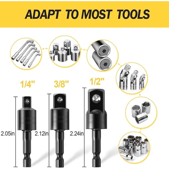 DASAW-Impact Grade Driver Sockets Adapter Extension Set Drill Bit 3Pcs 1/4 3/8 1/2" 360Rotatable Universal Socket Adapter Set+Right Angle Drill 105Right Angle Screwdriver set Drill Hex Bit Socket A
