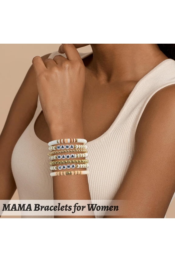 -MAMA Beaded Stretch Bracelets for Women Bohemian Summer Beach Stackable Polymer Clay Gold Beaded Stretch Bracelets Elastic Layering Friendship Boho Bracelets Set (10 Pcs)