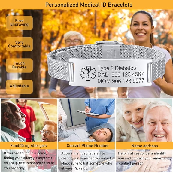 DASAW-Medical Alert Bracelets for Men & Women Kids with Free Engraving Adjustable Stainless Steel Mesh Emergency Medical ID Bracelets Wristband