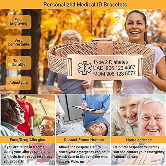 DASAW-Medical Alert Bracelets for Men & Women Kids with Free Engraving Adjustable Stainless Steel Mesh Emergency Medical ID Bracelets Wristband