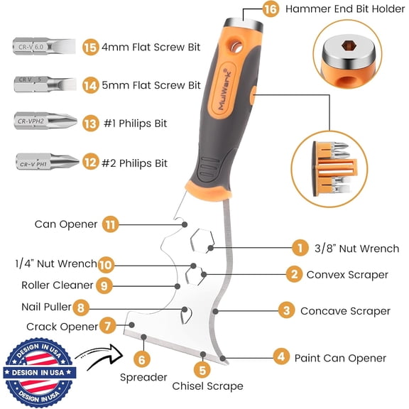 DASAW-MulWark 16-in-1 Painter's Tool,3 Putty knife Drywall Paint Scraper,Multi-Painter's Stainless Steel Tool,Spealloy Paint Scraper, Taping knife,Hammer Head Soft Grip Handle,Nut Wrench Screw Bits