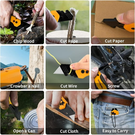 DASAW-Multifunctional Folding Utility Knife Quick-Change Box Cutter with Pry Bar and SK5 Blades, Dual-Angle Bit Holder and Belt Clip for Heavy-Duty Cutting Prying and Fastening Tasks