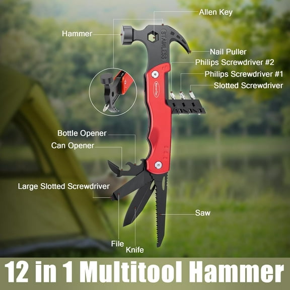 DASAW-Multitool Hammer, 12-in-1 Multi Tool Gifts for Men, Dad Gifts, Husband Christmas Stocking Stuffers, Camping Tool with Knife, Screwdrivers, Bottle Opener, Multitool for Survival & DIY Projects
