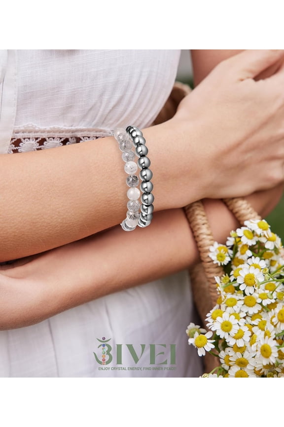 -Natural Gemstone Semi Precious Healing Crystals Handmade Stretchy Round Beads Bracelet, Enhance Positive Energy