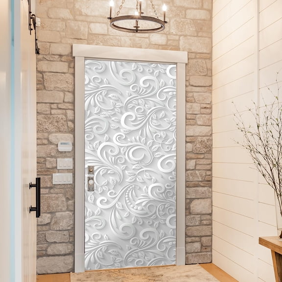 DASAW-Peel and Stick Door Mural w/Scraper and Utility Knife, Self-Adhesive Door Sticker, Faux Leather Textured Vinyl Wallpaper for Bedroom Living Room Home Decor, 29.92"x78.74" Abstract Floral