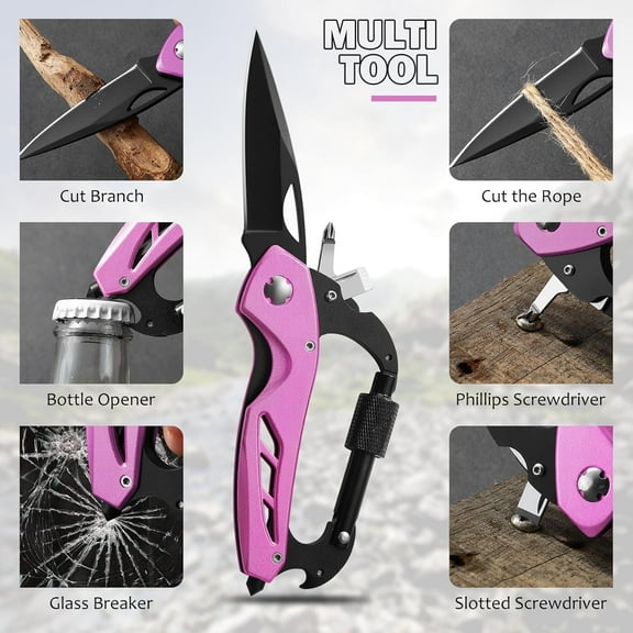 DASAW-Pink Multitool Carabiner Knife for Women Men,Survival Gear for Camping HikingEDC Carabiners, 6-in-1 Multi Tools with Window Breaker, Bottle Opener and Screwdriver,Gifts for Women/Men (Pink)