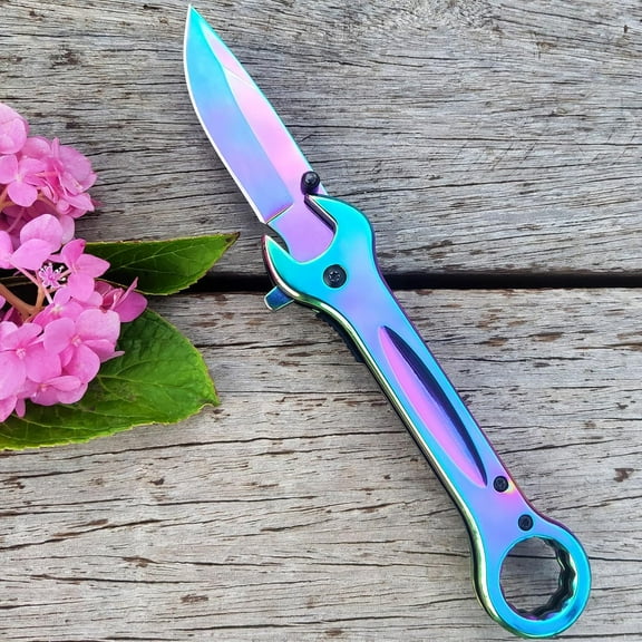 DASAW-Pocket Knife, Unique Utility Pocket Folding Knife with 14mm and 19mm wrenchs, Titanium plated Great Gift EDC Knife For Daily Work Outdoor Camping (Rainbow)