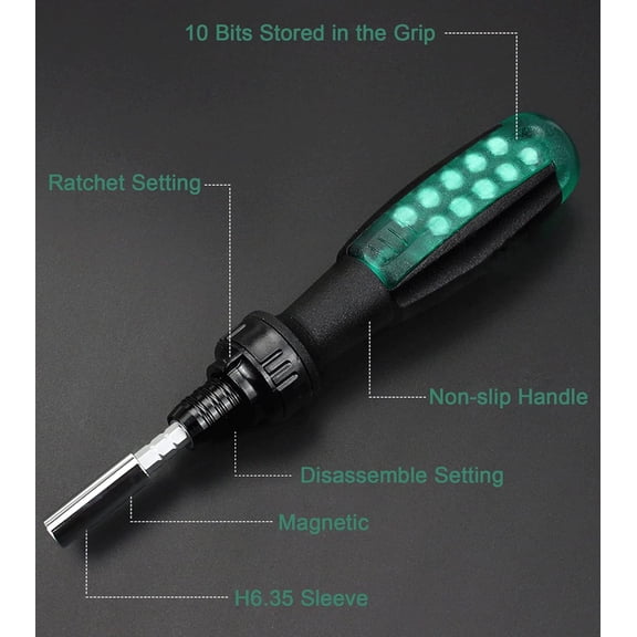 DASAW-Ratcheting Screwdriver with Magnetic Bit Ratchet, Multi Bit Set, 11 in 1 Screwdriver Small Pocket Stubby Design, Green