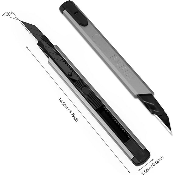 DASAW-Retractable Utility Knife with 30 Degree Snap Off Blade 9MM, Box Cutter for Carton, Cardboard and Box, Office and Home Use, 3 Pack Gray Aluminum Handle Knife with Extra 30 Replacement Bla