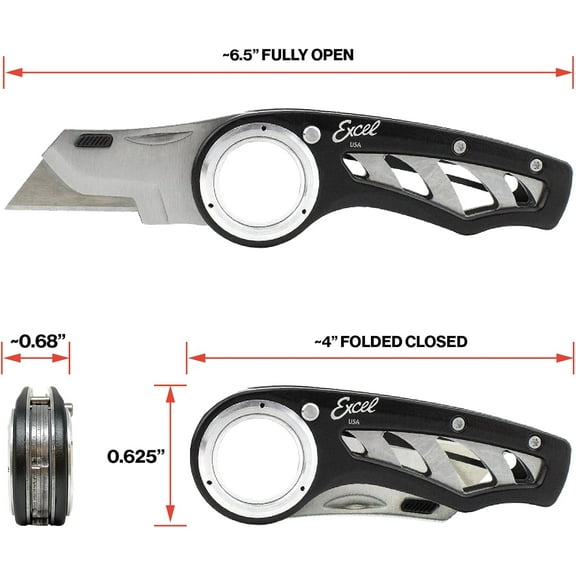 DASAW-Revo Folding Utility Knife Heavy-Duty Box Cutter with Aluminum Body, Quick-Change #92 Blades, 3 Lock Positions Design, Anti-Slip Finger Loop Grip, Holster Included Black