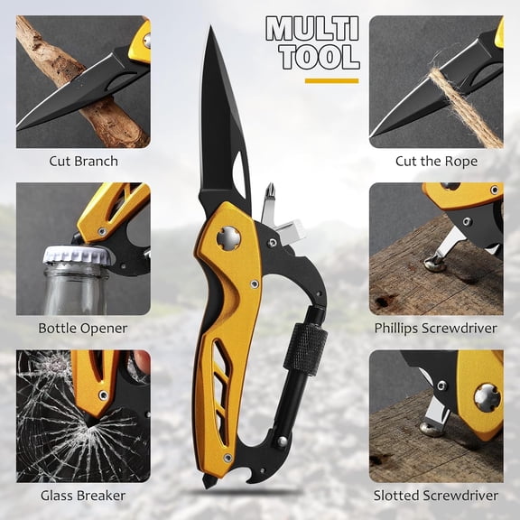 DASAW-Stocking Stuffers Gifts for Men, Carabiner Multitool 6-in-1 EDC Carabiners Pocket Knife with Window Breaker, Bottle Opener and ScrewdriverFolding Knife for Camping HikingGold