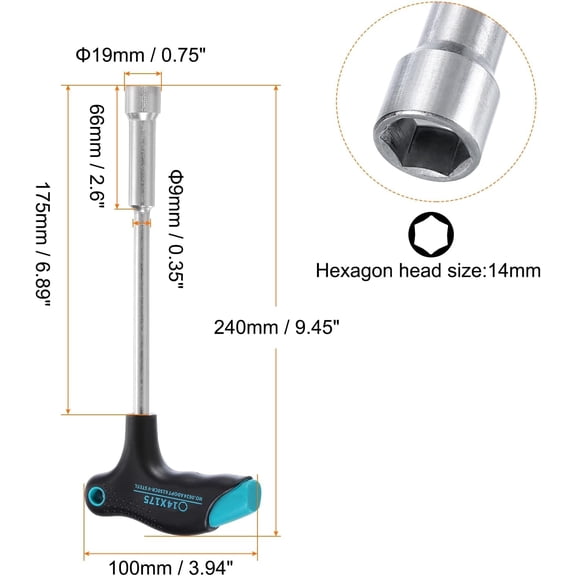 DASAW-T-Handle Metric Nut Driver 14mm Dia 175mm Shank 6 Point Hex Socket Screwdriver with Non-Slip Handle for Tightening and Loosening Fasteners