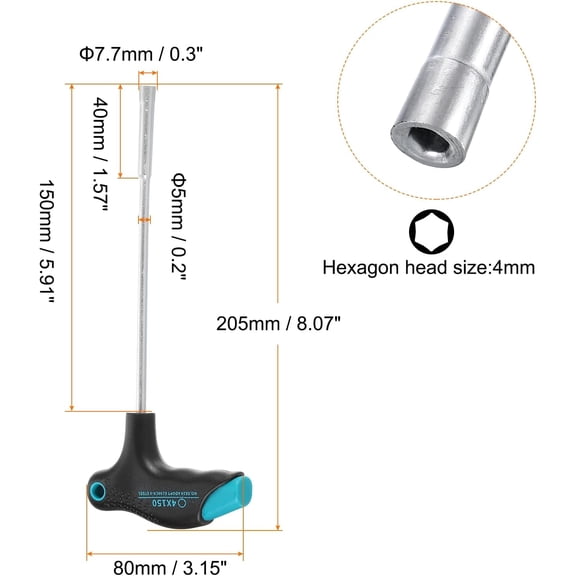 DASAW-T-Handle Metric Nut Driver 4mm Dia 150mm Shank 6 Point Hex Socket Screwdriver with Non-Slip Handle for Tightening and Loosening Fasteners