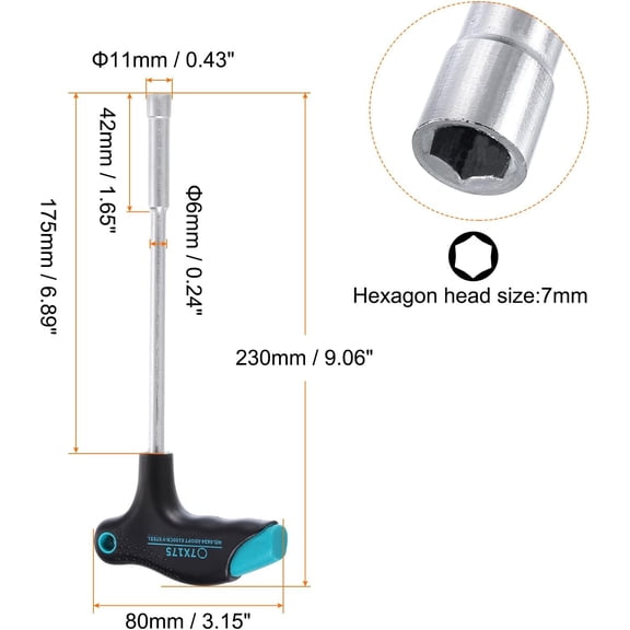 DASAW-T-Handle Metric Nut Driver 7mm Dia 175mm Shank 6 Point Hex Socket Screwdriver with Non-Slip Handle for Tightening and Loosening Fasteners