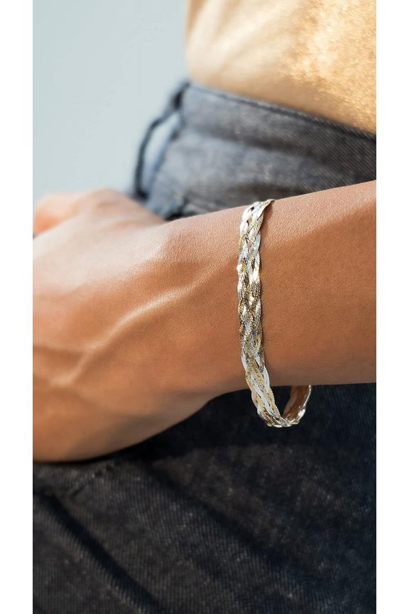 -Tri-Color 18K Gold Over 925 Sterling Silver Italian 6-Strand 7mm Braided Herringbone Chain Bracelet for Women, Made in Italy