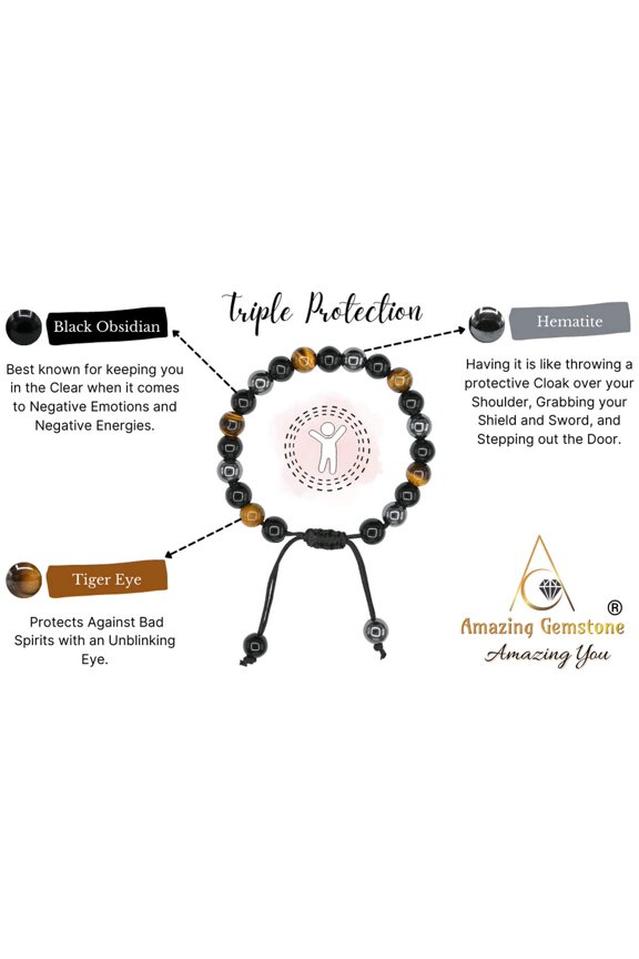 -Triple Protection Bracelet - Hematite Black Obsidian Tiger Eye Bracelet Set for Men Women Healing Calming Anxiety Stress Relief Gifts Pulseras Para Hombres Mujer Stocking Stuffers (Adjustable)
