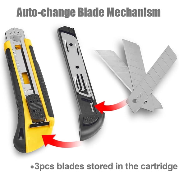 DASAW-Utility Knife Box Cutter Retractable Self Loading Heavy Duty Snap Off Quick Change Extra Blades(3PCS) TPR+PP Handle Cutting Cardboard Boxes or DIY