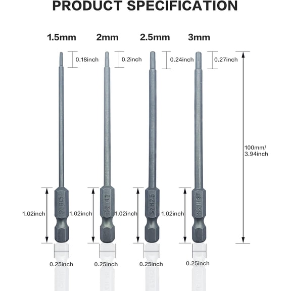 DASAW-VICRAZZE RC 1.5, 2.0, 2.5 & 3.0mm Hex Head Allen Wrench Drill Bit S2 Steel 1/4" Shank 3.9" Long Set Hex for Screwdrivers Bit Electric Screwgun Power Drill RC Repair Working Tools