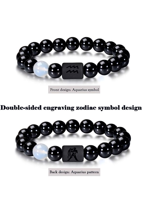 -Zodiac Bracelet for Men Women, 8mm 10mm Natural Black Onyx Stone Star Sign Constellation Horoscope Bracelet Gifts