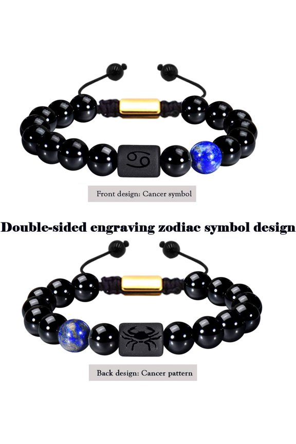 -Zodiac Bracelet for Men Women, 8mm 10mm Natural Black Onyx Stone Star Sign Constellation Horoscope Bracelet Gifts