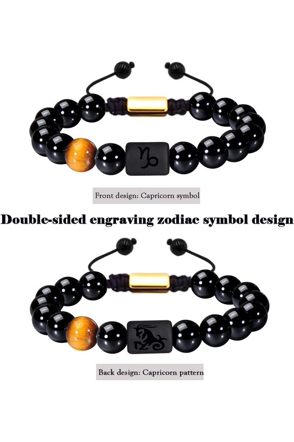 -Zodiac Bracelet for Men Women, 8mm 10mm Natural Black Onyx Stone Star Sign Constellation Horoscope Bracelet Gifts
