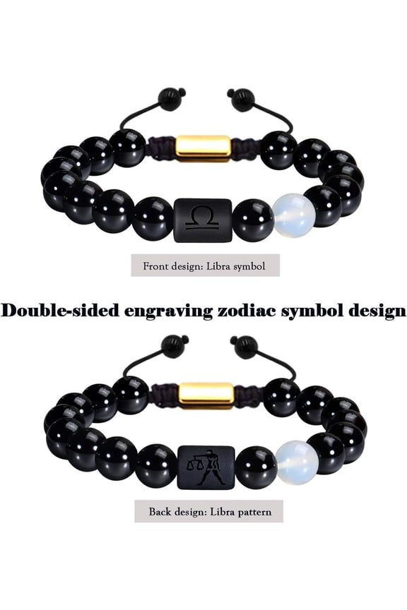 -Zodiac Bracelet for Men Women, 8mm 10mm Natural Black Onyx Stone Star Sign Constellation Horoscope Bracelet Gifts