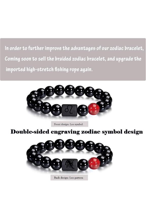 -Zodiac Bracelet for Men Women, 8mm 10mm Natural Black Onyx Stone Star Sign Constellation Horoscope Bracelet Gifts