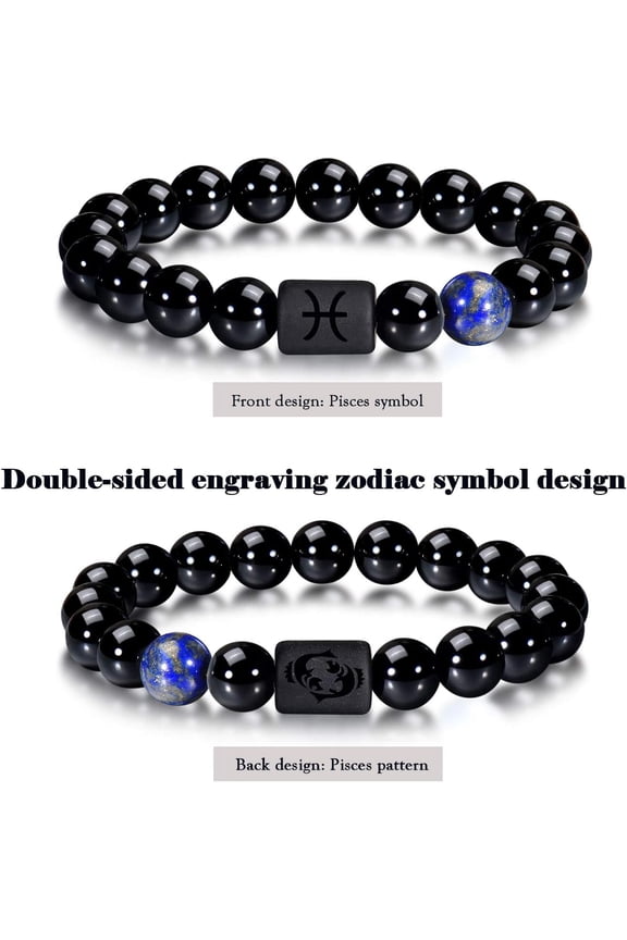 -Zodiac Bracelet for Men Women, 8mm 10mm Natural Black Onyx Stone Star Sign Constellation Horoscope Bracelet Gifts