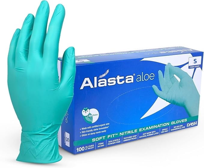 DASH Alasta Aloe Nitrile Exam Grade Disposable Gloves, Chemo Tested, Green, 3.9 mil, 100/Box, Small
