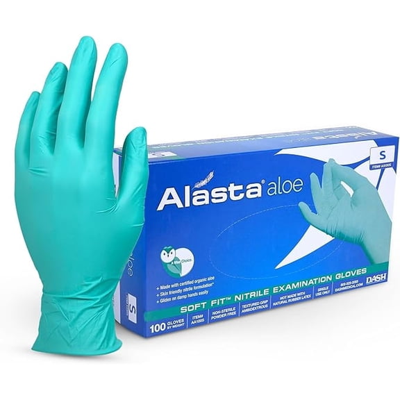 DASH Alasta Aloe Nitrile Exam Grade Disposable Gloves, Chemo Tested, Green, 3.9 mil, 100/Box, Small