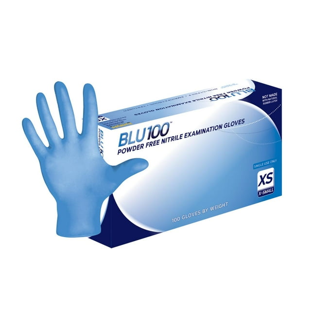 DASH BLU100 Nitrile Exam Grade Disposable Gloves, Light Blue, 4.3 mil, 100/Box, XSmall