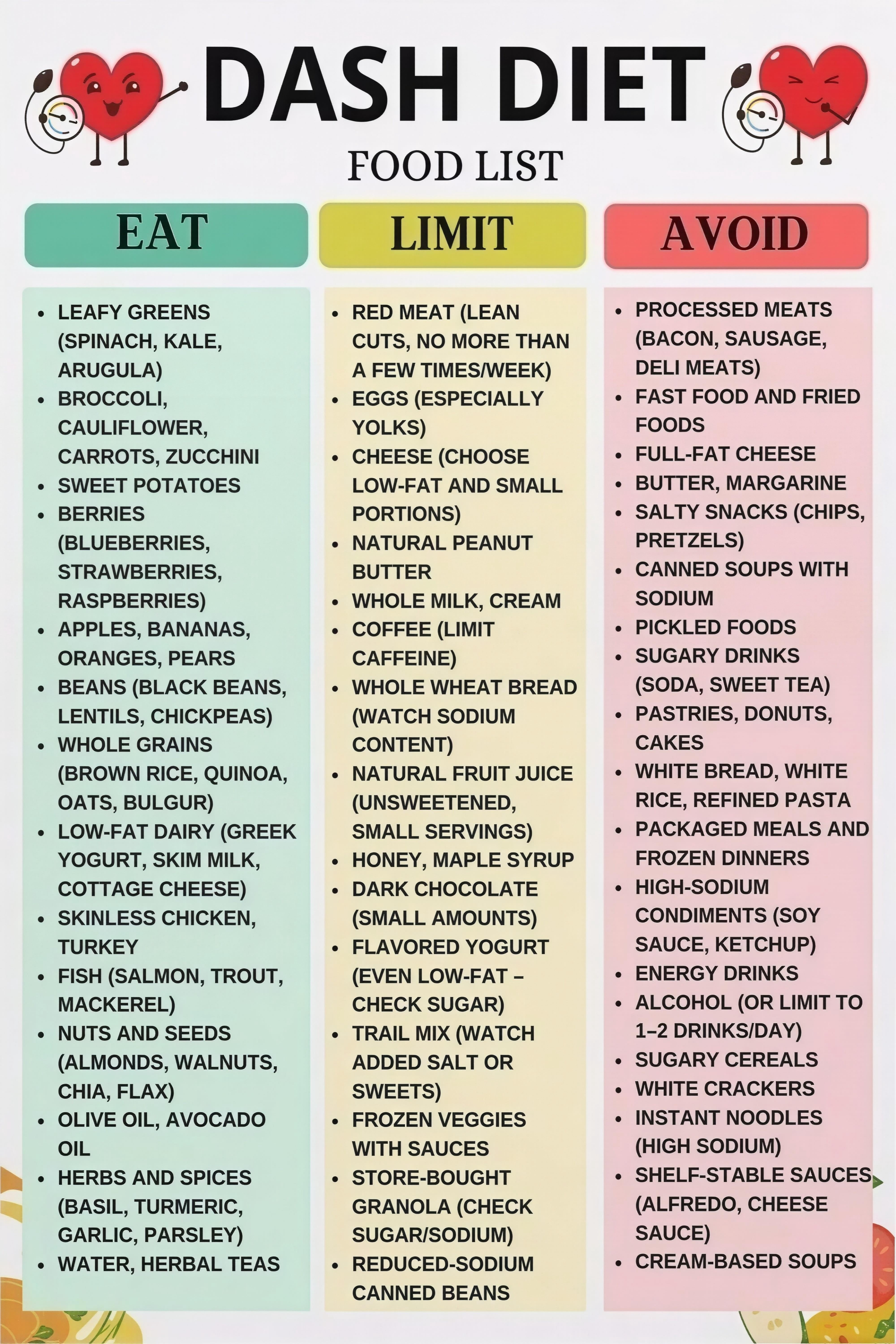 DASH Diet Food List Chart for Kitchen Wall Decor and Dietary Study ...
