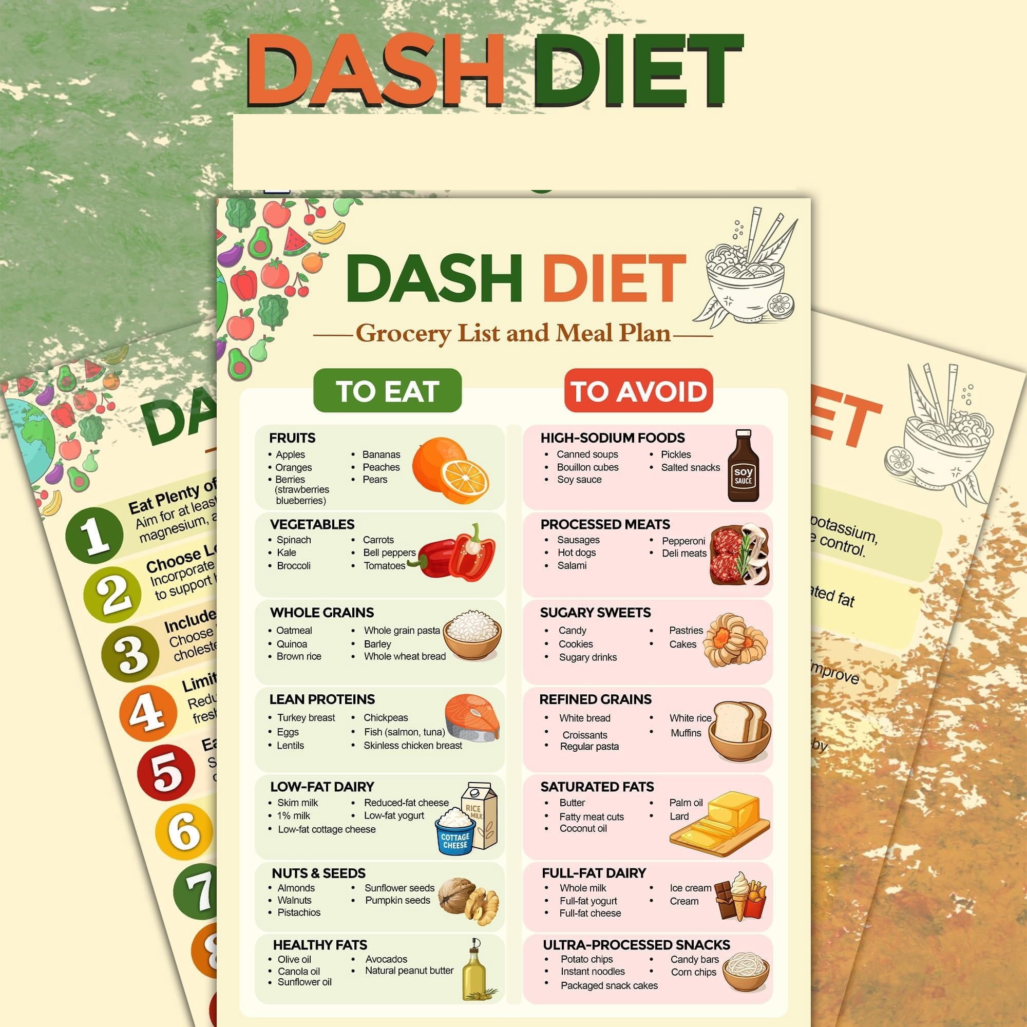 DASH Diet Grocery List And Meal Plan Poster, Low Sodium Food Chart ...