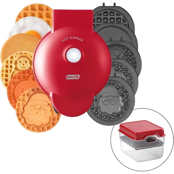 DASH Multimaker with 7 Removable Plates: Waffle Iron & Griddle + 3 Themed Plates - Santa Pumpkin Snowman Mini for Halloween and Christmas Holidays Kids Families (Red)