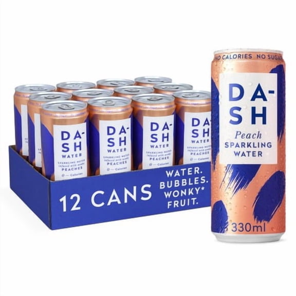 DASH Peach Infused Sparkling Water 12 x 330ml, British Import (Pack of 2)