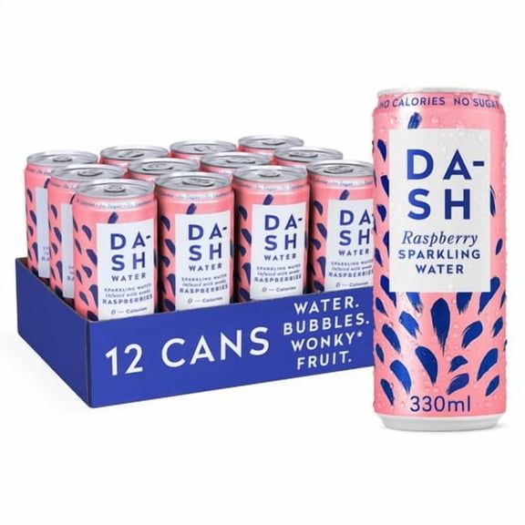 DASH Raspberry Infused Sparkling Water 12 x 330ml, British Import (Pack of 2)