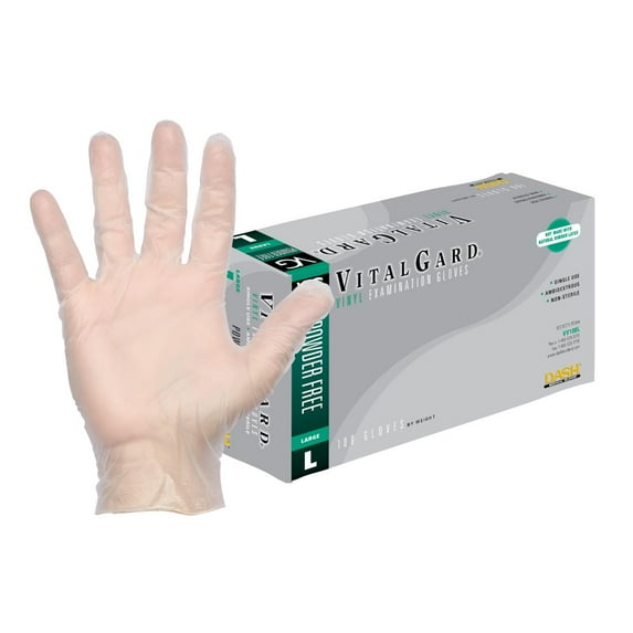 DASH VitalGard Vinyl Exam Grade Disposable Gloves, Clear, 3.9 mil, 100/Box, Small